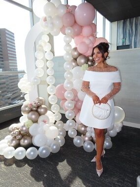 NADINE MERABI White Off-Shoulder Bridal Mini Dress with Sheer Pearl Sleeves